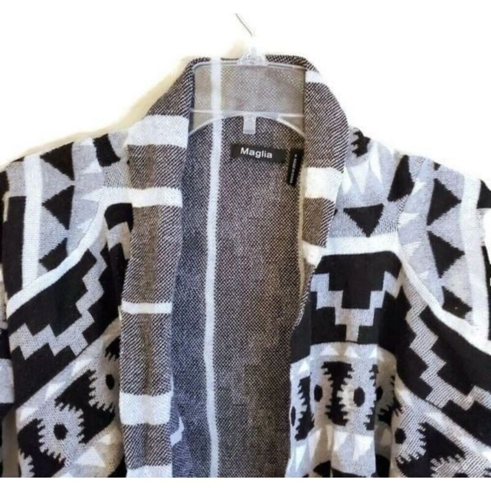 Maglia Aztec Black & White Knit Cardigan Womens Sz S Sweater Open Front Collar - Picture 2 of 7